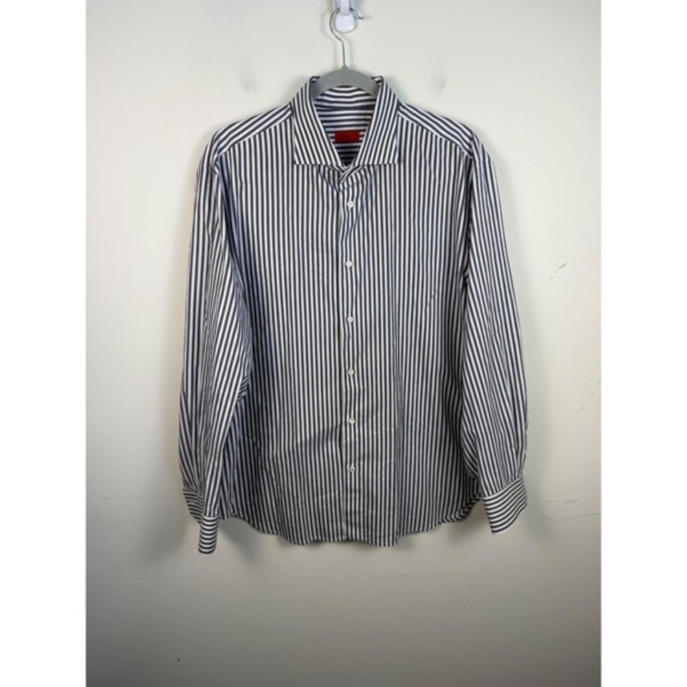 Isaia Napoli Dress Shirt 17.5 44 Blue White Striped Long Sleeve Cotton Italy
